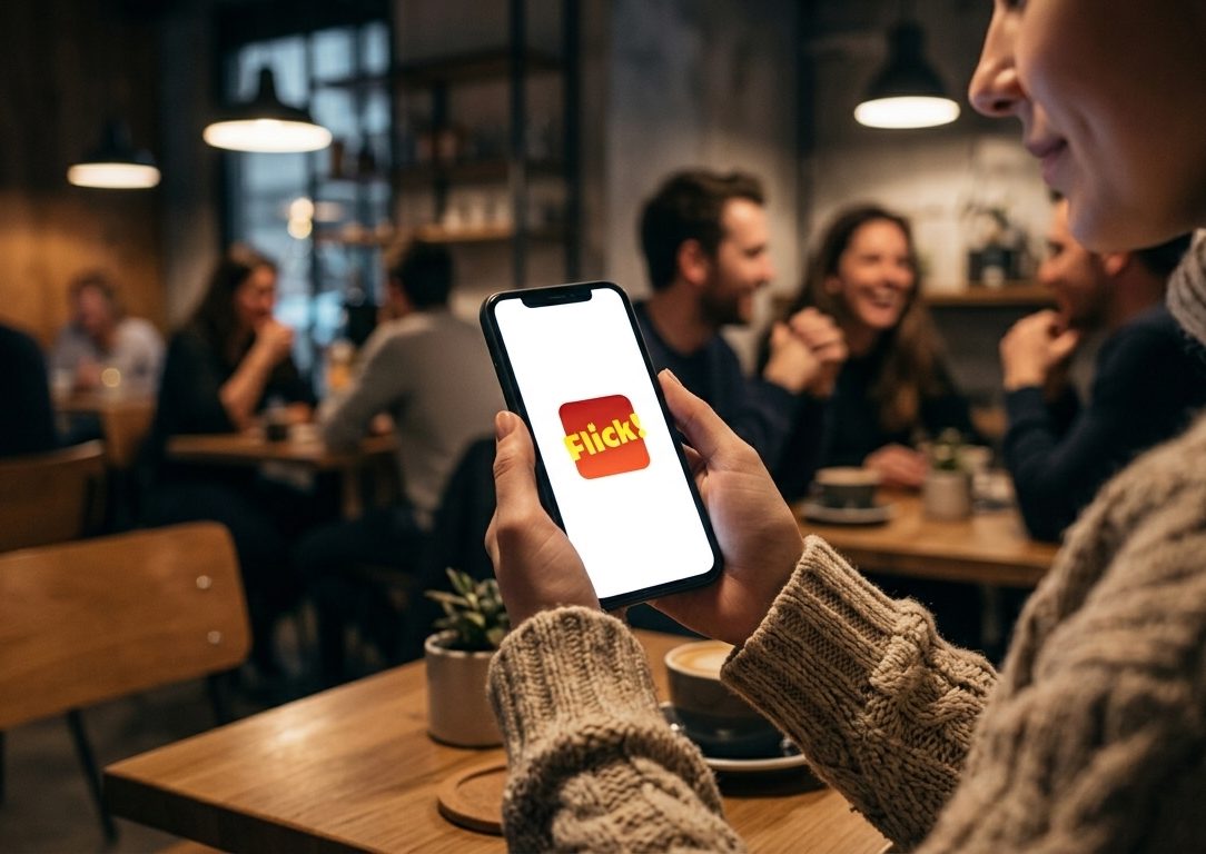 Person using the Flick! Social app with friends together in a cafe
