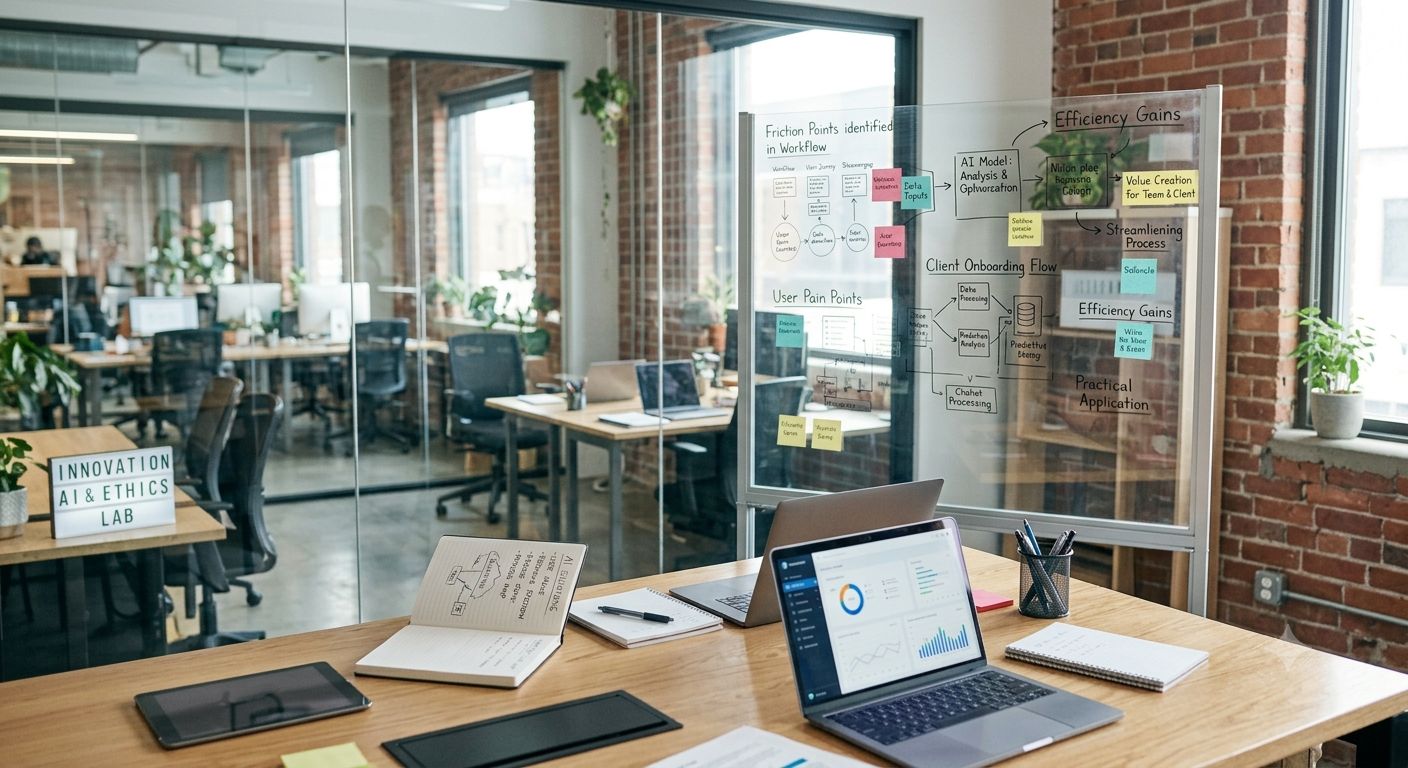 Good Monkeys AI innovation lab with workflow diagrams and an analytics dashboard