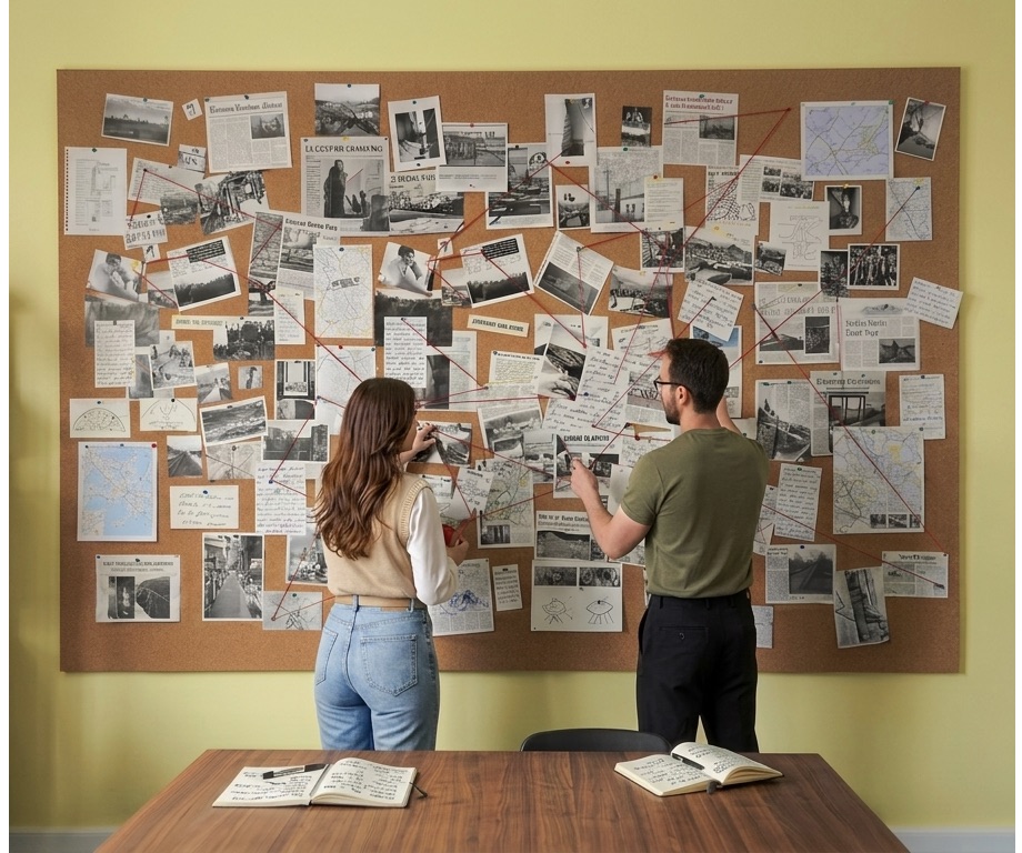 Good Monkeys studio team mapping ideas and connections on a research wall