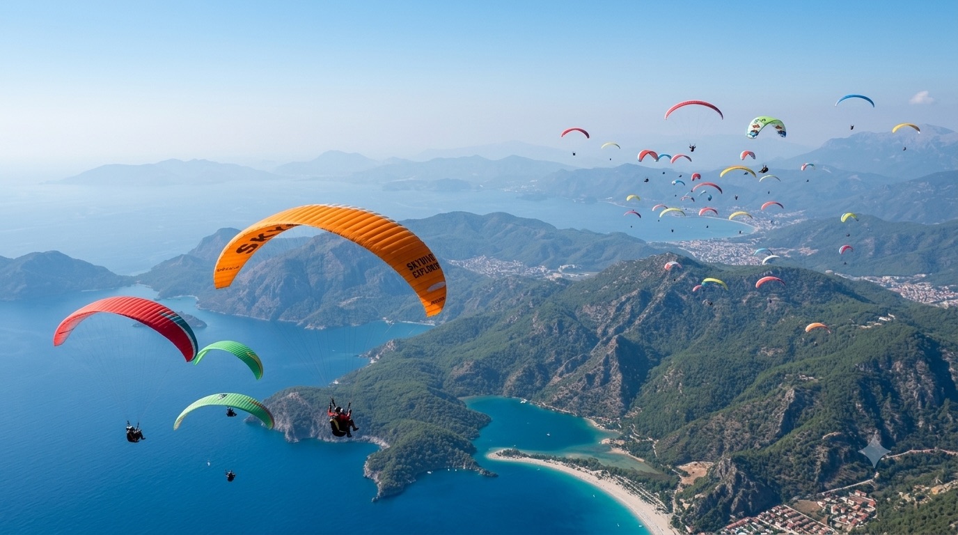 Colourful paragliders soaring over a coastline and blue lagoon